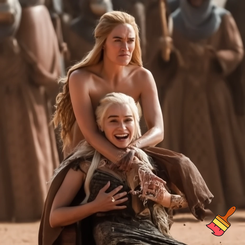 Cersei Lannister and Daenerys Targaryen fighting in the desert, Cersei Lannister is sitting astride on top of Daenerys on the ground .both are naked and all sweaty 
