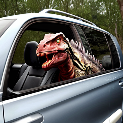 a dinosaur driving a volkswagen sharan
