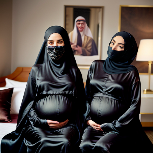 Inside a brown hotel room, heavily pregnant angelina jolie and Zendaya are sitting together wearing black silk long heavy abaya, gloves, black silk hijab and a perfect silk nosepiece saudi niqab. 