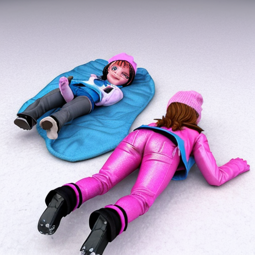 Create a fluttershy equestria girls as 3d cgi animated wearing pink beanie cap, pink coat, pink mittens, pink pants and pink boots in on back - lying down snow and making a snow angel in eyes closed and laughing 