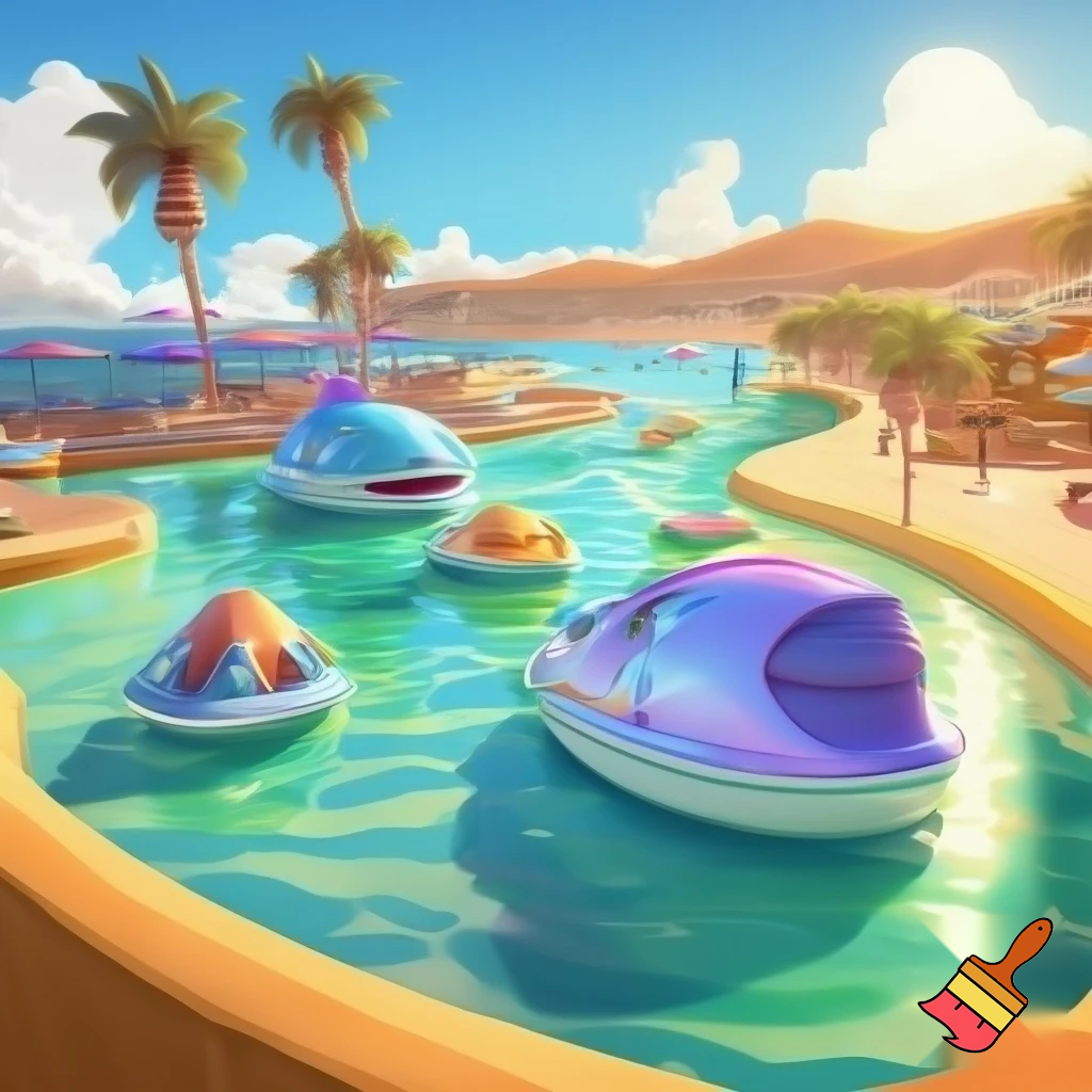 Create a water boat theme park ride inspired in beachy Malibu with a fun vibe. Add path