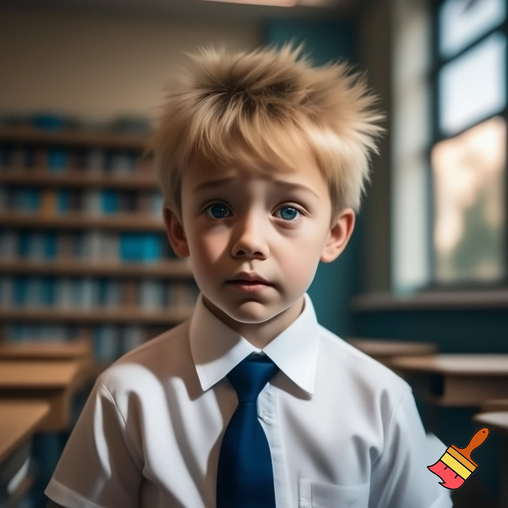 A kid that is 10 years old with blonde hair in school uniform