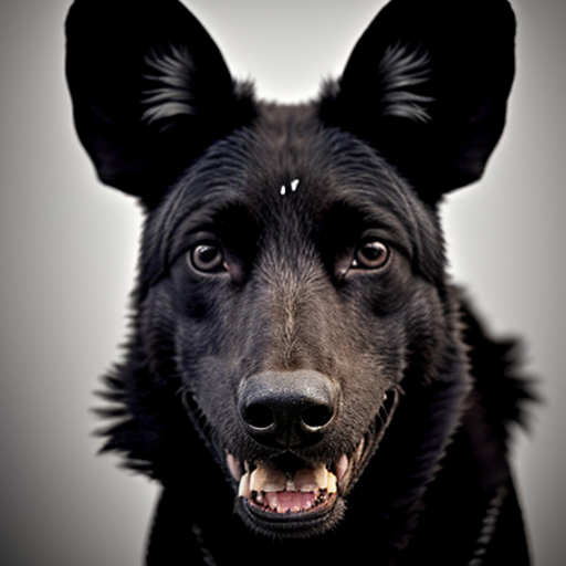 A black wild dog taking a mugshot looking DEADLY, sinister, angry and malicious