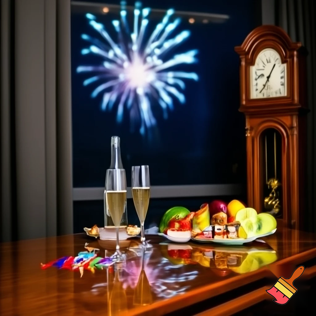 on the table there are two glasses of champagne, a bottle, streamers, snacks and fruit, next to it there is an old clock, the hands of the clock are at 12 o'clock, in the background there is a window and fireworks outside the window