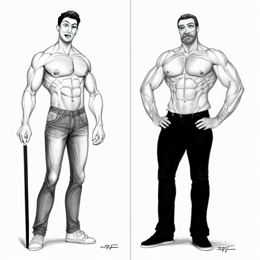pencil drawing cartoon style of different poses of 2 men, one muscular man and one thin, underweight man with a cane
