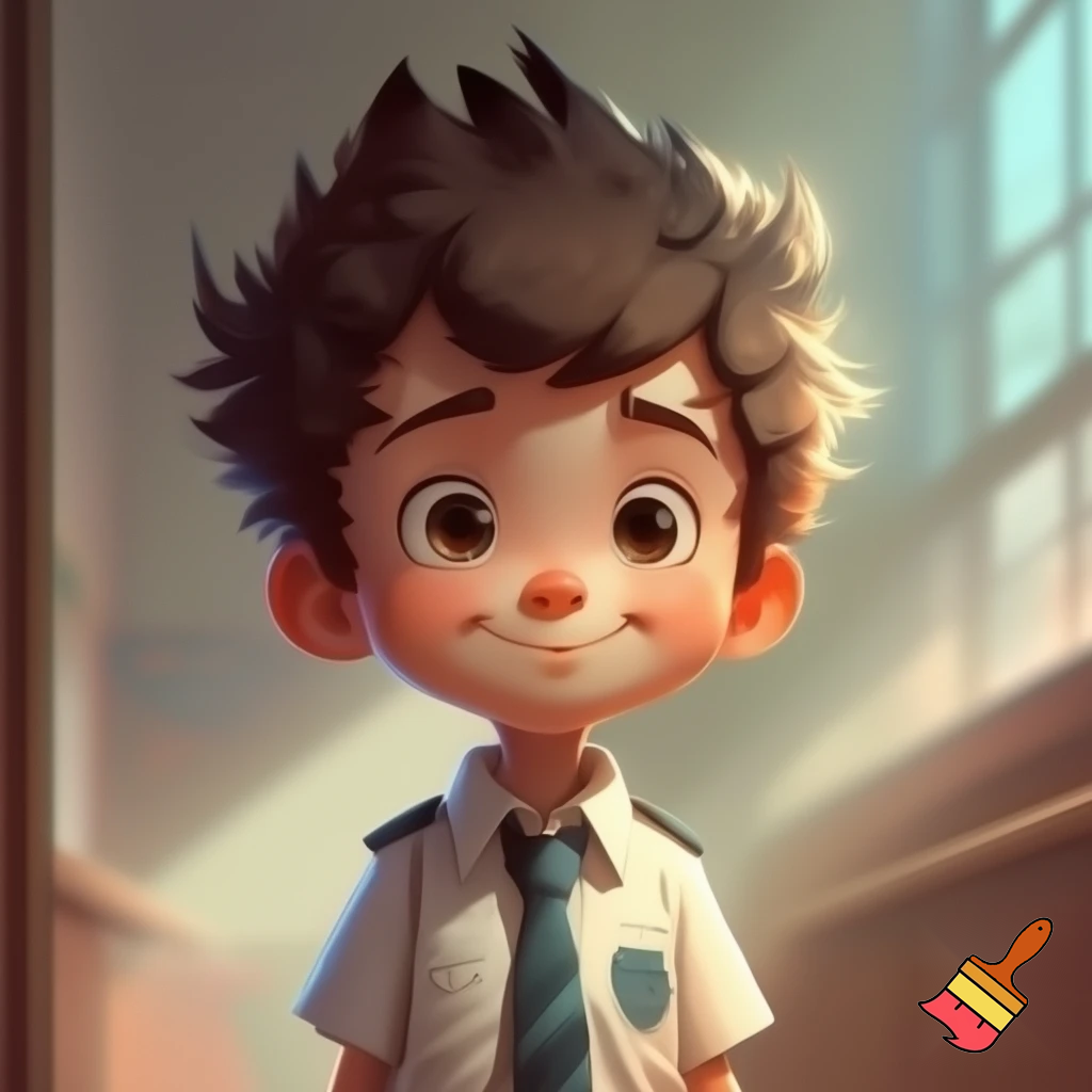 A young boy with haircut spiky hair , chubby in school uniform 