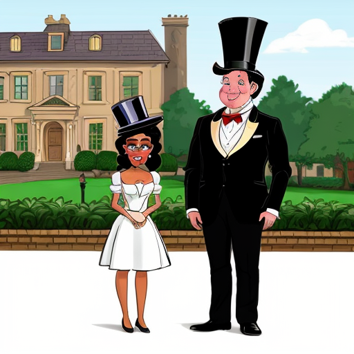 Cartoon Lottie from princess in the frog standing next to a man in a suit (the mayor)
	•	City building or mansion behind them
Details: top hat, cane, steps

