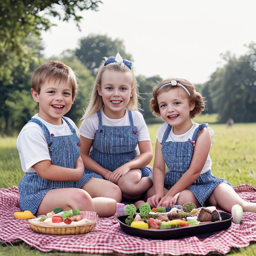 Two grown-ups, one big girl, little twin brothers Danny and Suzy and big sister's pet five little ducks having a picnic.