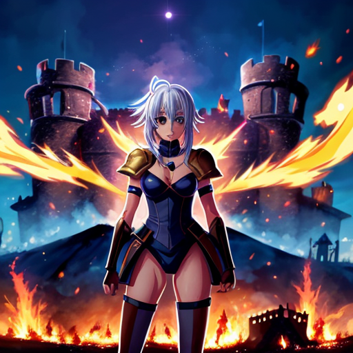 young, tall, white-haired woman in armor stands in front of a burning castle into which meteorites are falling.