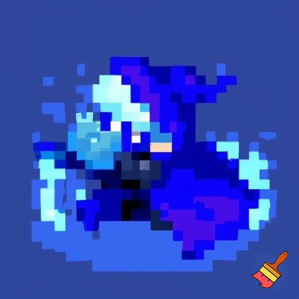 make pixle art that is a little cute guy with a blue hammer and a blue cloak and blue essence coming off him and you cant see his face