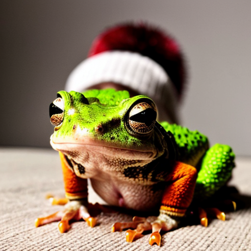 A laughable, puzzled animal toad in woolen, multicoloured winter clothings with woolen, funny winter cap. Hyperrealistic art style.