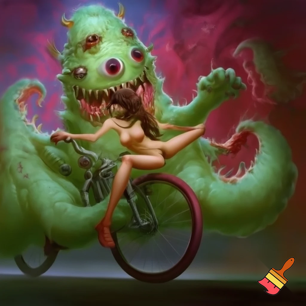 A large sexy monster riding a bicycle while being nude, legs spread dildo up her ass