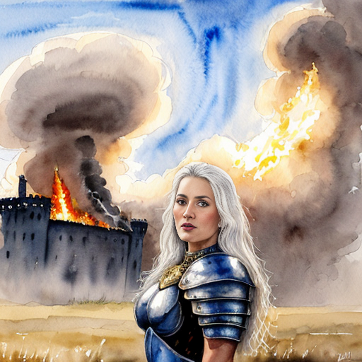 young, tall, white-haired woman in armor stands in front of a burning castle into which meteorites are falling.