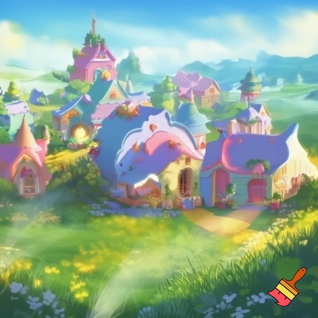 A cute town mythical town in a meadow. It has pastel color houses 