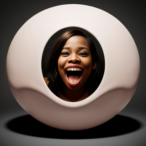 Actress Nia Long a long hair as a spherical shape inflated like a balloon a gigantic rounded chocolate ball body overinflated Her body is exaggeratedly rounded, forming a sphere, with no visible definition of limbs. she was being eaten and ripped by the giant human mouth of the mouth background giant white human face male mouth her body inside the giant mouth being eaten, biting and ripped and devoured by a giant human mouth background . The style is surreal and comedic, with a digital or graphic manipulation aesthetic. The lighting is even and diffused, casting no strong shadows. The image is presented from a slightly high-angle perspective, emphasizing the exaggerated spherical form.