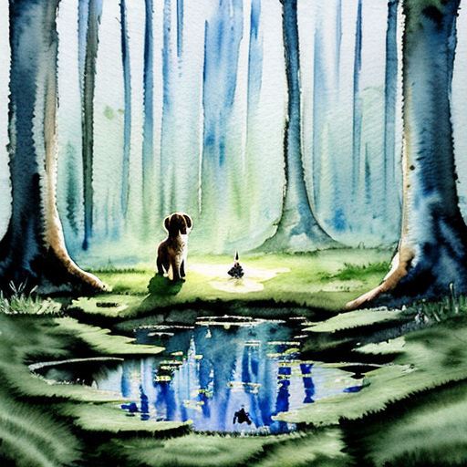 Kouzelná večerní scéna, lesní mýtina v noci, z potoka vychází jasná modrá záře  ze svítícího safíru. Malé štěně stojí na okraji louky,  sleduje světlo. Magická atmosféra. Pohádkový akvarel.