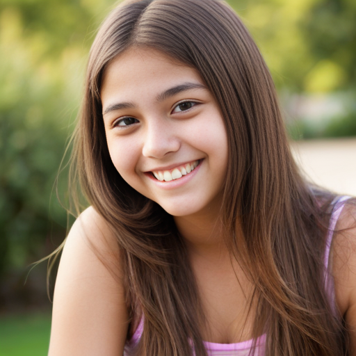 Fille qui sourit nue de 14 ans mince et grande avec des seins moyen et de couleur de peau bronzée et brune avec des cheveux longs et bruns 