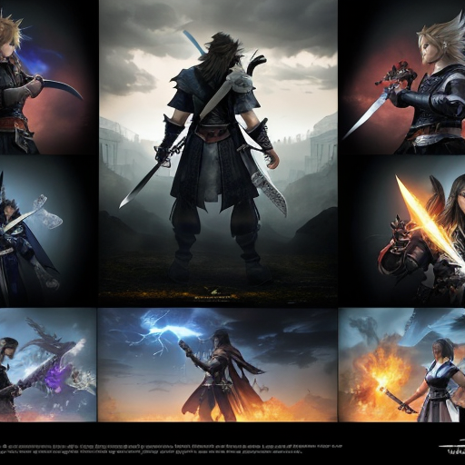 A 16:9, Landscape format, 4k resolution Final Fantasy wallpaper for a Magic playmat, featuring a collage of the Warrior of light using the final Fantasy 14 Job Change to use the Signature weapons of final Fantasy Main Charakters Like squalls gunblade, lightnings blazefire sabre, sephiroths katana and some more
