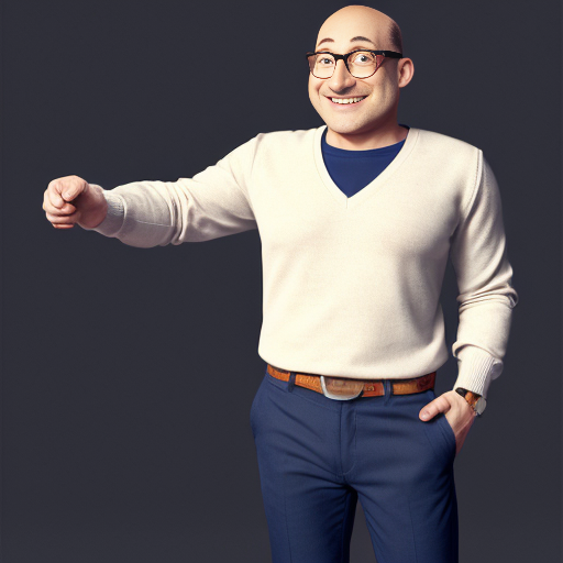 A skinny bald young man with big brown round glasses, a white shirt under a navy blue sweater (Round neck, not a v-neck) and grey trousers and brown classic shoes. No jewels or watch. A white background. Pixar style. He smiles 