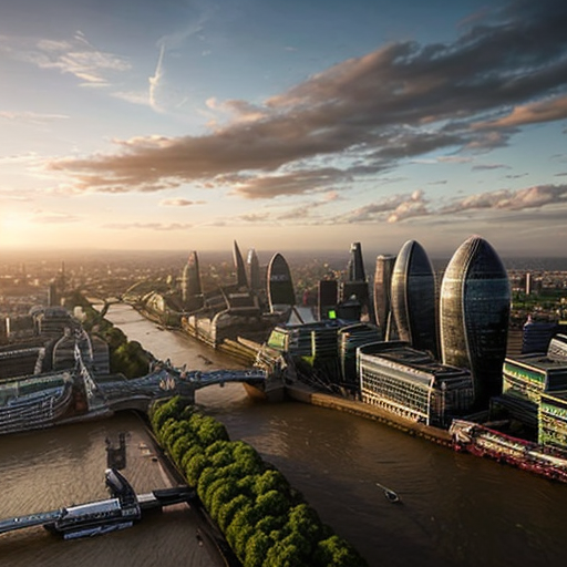 make the skyline of london with a sunset and fluying cows in the sky