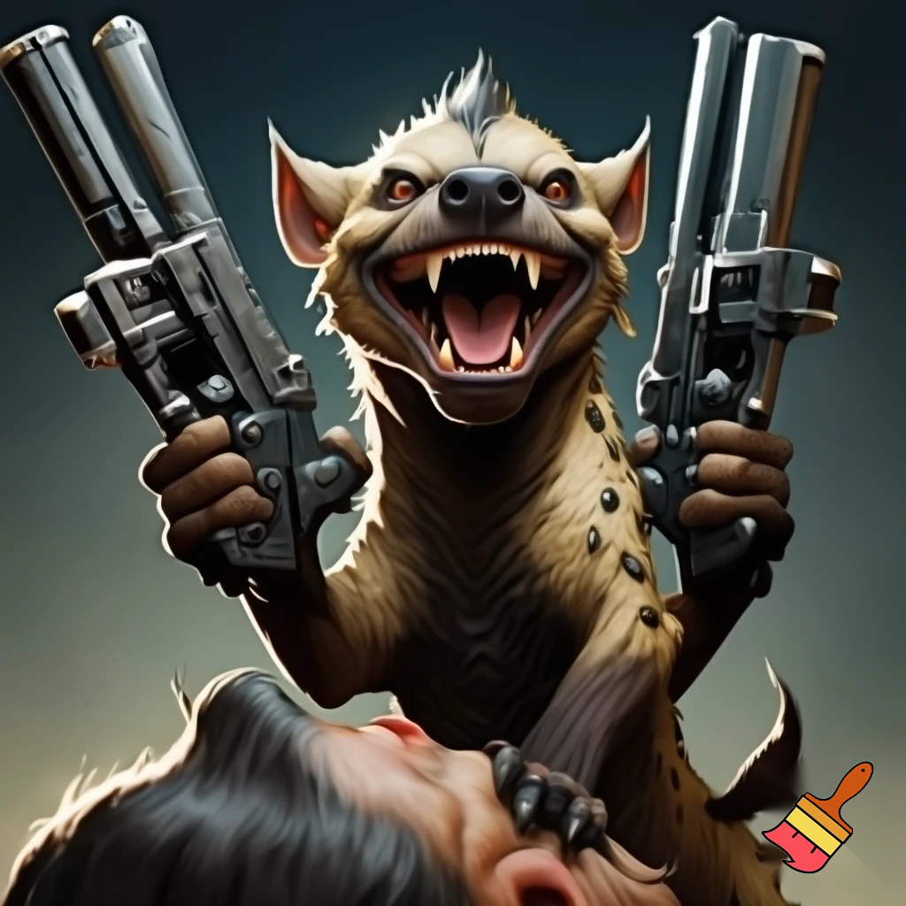 Evil sadistic laughing hyena holding 2 big guns in each hand laughing uncontrollably with his foot on the head of a fallen enemy. Very detailed,realistic also cartoonish very bold outline and humourous and serious 
