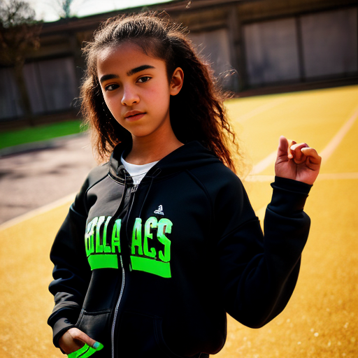 jeune fille de 15 ans métisse qui porte un jogging noir et un sweat shirt noir. se yeux sont verts. et elle peut lancer des rayons verts avec ses mains