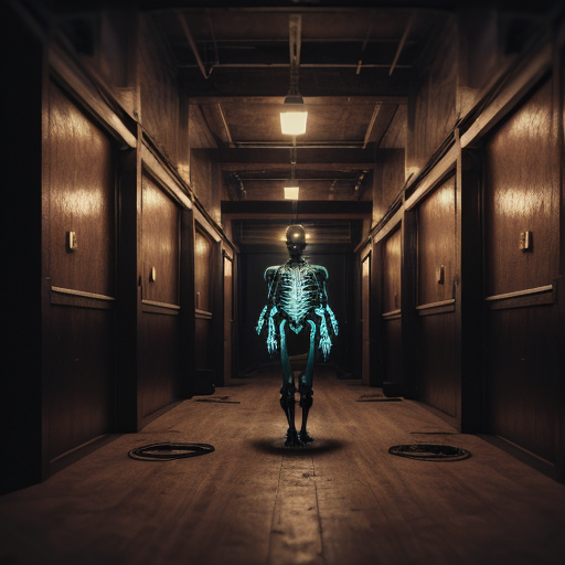 A terrifying, multi-armed supernatural entity with a skeletal, cross-marked forehead, draped in tattered, swirling dark robes, levitating in the center of the frame.
Setting: A retro-futuristic, claustrophobic corridor with wood-paneled walls and glowing circular light fixtures, integrated with vintage 1970s audio reel-to-reel tape recorders and computer consoles.
Atmosphere & Lighting: Dim, moody, cinematic lighting, intense orange and teal color grading, volumetric haze, deep shadows, dark ambient aesthetic.
Technical/Style: Photorealistic, 35mm film still, grainy texture, high dynamic range, sharp focus on the entity, shallow depth of field, captured on a vintage camera, 8k resolution, highly detailed textures