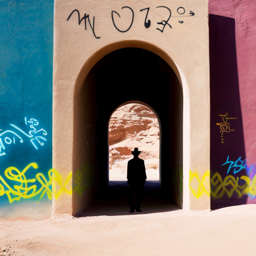 Put Graffiti in a desert arch onsisting of multiple abstract figures in Tanguy and Matisse style