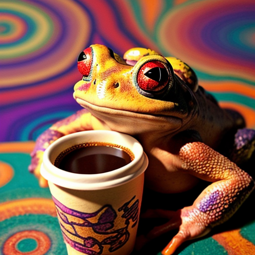 A hillarious, funny boho toad with some hippie colored coffee cups. Psychedelic decorated background, hyperrealistic. Close-up view.