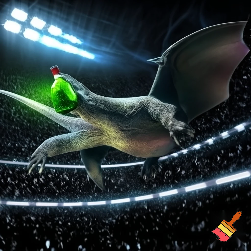 Half komodo Dragon half stingrays flying in a stadium with a bottle of poison