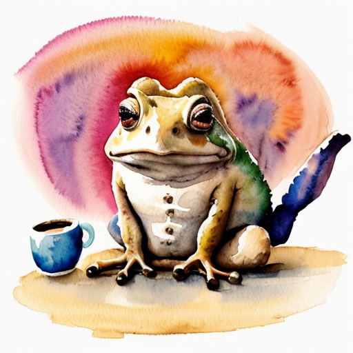A hillarious, funny boho toad with some hippie colored coffee cups. Psychedelic decorated background. Hard Style.