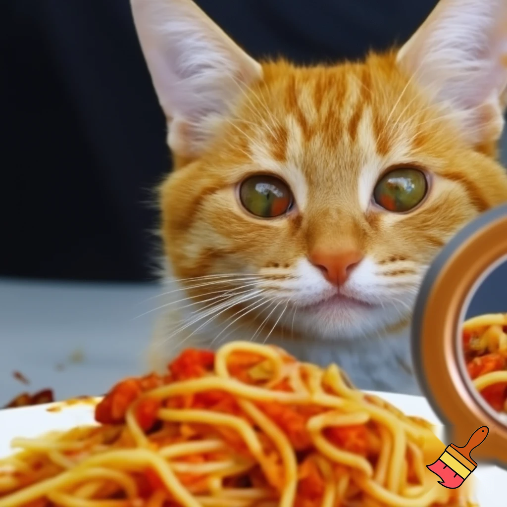 un petit chat roux femelle avec un petit sourire espiegle qui mange dans mon assiette de spaghetti bolognaise a table quand j'ai le dos tourné 