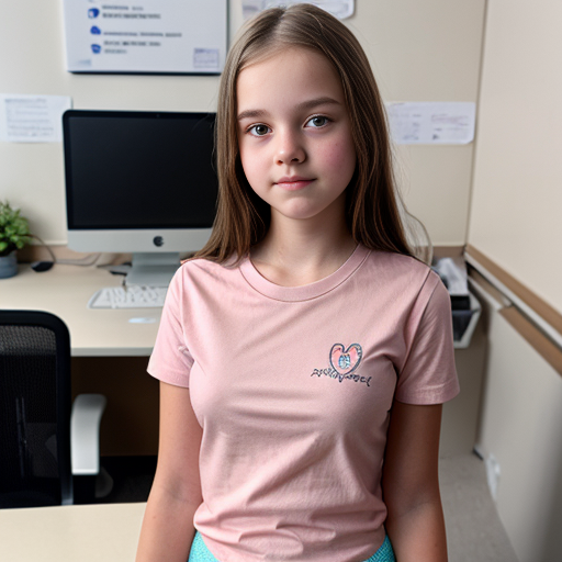Teenage girl wearing a pink tshirt and a diaper in an office