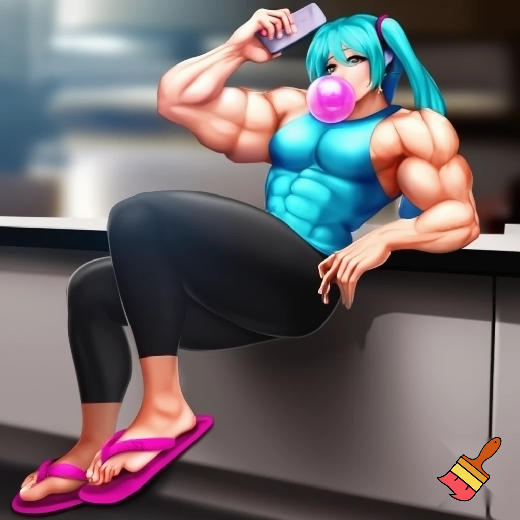 Hatsune miku with a six pack and muscular Wearing a light blue tank top, black cropped leggings, and pink havaianas flip flops leaning on counter while looking at her phone and blowing a piece of bubble gum
