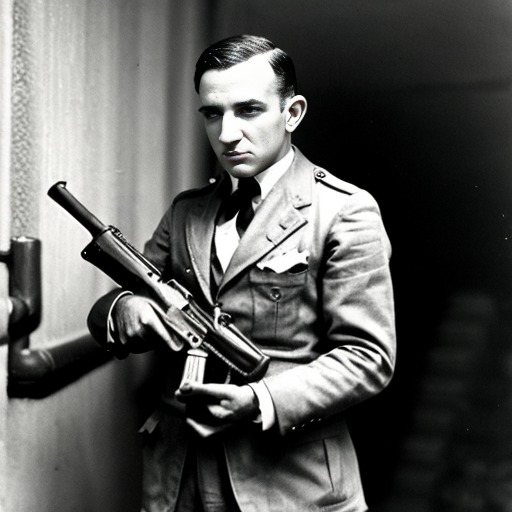 a picture of al copone  with a tommy gun in the 20s looking like a gangster
