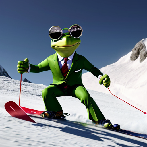 animated frog wearing a suit and tie with cool avaitor sunglasses skiing down a mountain
