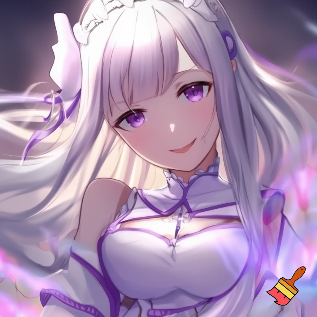 Anime portrait of Emilia from Re:Zero, with long silver hair and purple eyes. She is wearing her iconic white and purple robe, smiling gently. Masterpiece, high quality, vibrant colors, soft lighting, magical atmosphere.