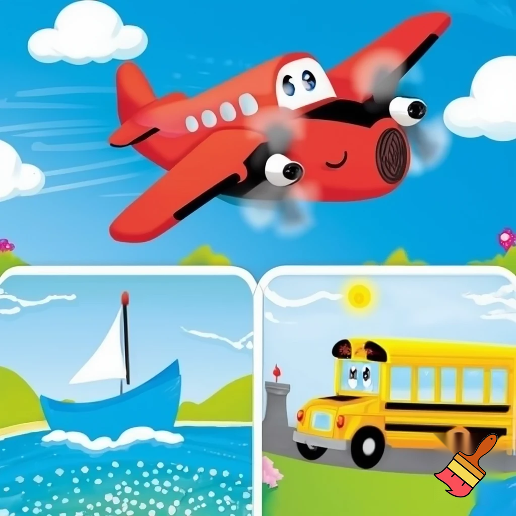 Create 3 different flashcards for senior kindergarten children on the following topics
1 air transport
1 land transport
1 water transport 
