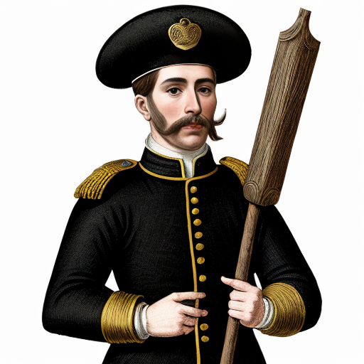 Illustration of a constable (alguacil) from 17th century Spain.
Authority figure, simple uniform, serious expression.
Holding a staff or symbol of justice.
Classic old illustration style.
White background for infographic.

