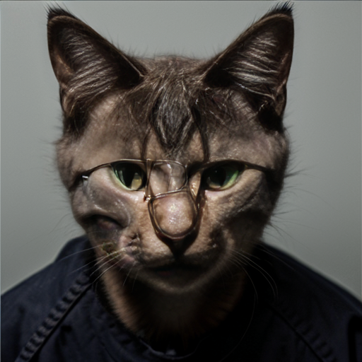 only feral cat, mugshot, dark brown fur, black details ,green eyes, malicious ,evil, wearing prison clothing