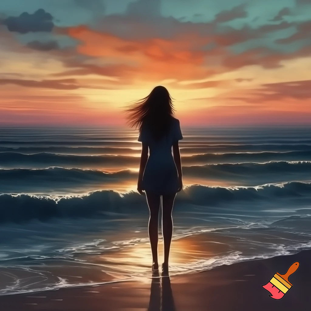 Lonely tall girl with brown hair watching the sun set on the beach alone