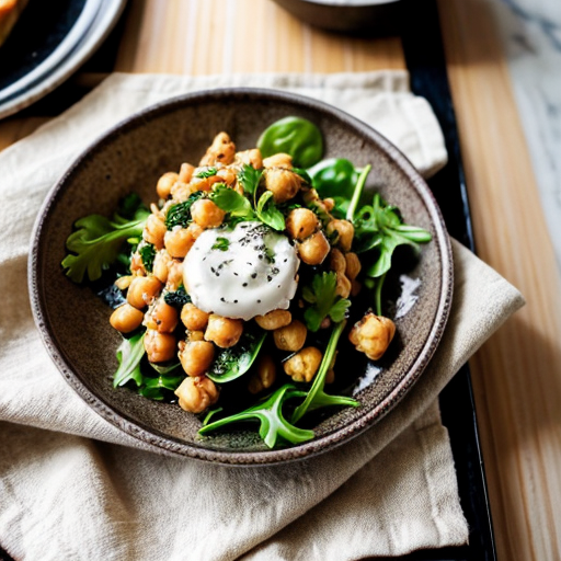 Create a realistic cookbook style photo of the finished dish:
Eggplant and Chickpea Portable Salad
knowing the ingredients:
A Mediterranean-style salad designed for easy transport.
Serves: 1
Cooking Method (M.C.): roasting and assembly
Ingredients:
•	1 cup roasted eggplant cubes
•	1/2 cup cooked chickpeas
•	1 cup arugula
•	1 tablespoon olive oil
•	1 teaspoon lemon juice
•	1 tablespoon chopped parsley
•	pinch of salt

Please don't add anything else in the dish, I don't want my reader to think they missed something.
The dish is fully plated and ready to serve.
Style:
modern healthy cookbook photography
natural daylight
editorial food photography
clean minimal background
Composition:
The food is the main focus of the image.
Simple kitchen environment.
Fresh ingredients visible around the plate.
Camera variation (important):
Use a different angle from previous images such as:
top view
45 degree angle
close up plating
side angle
slightly elevated perspective
Keep the lighting style consistent across all images.
Make the food look fresh, vibrant and realistic.
VARIAZIONE AUTOMATICA DELLE INQUADRATURE
Per evitare immagini duplicate, alterna automaticamente:
camera angle
top view
45 degree angle
slightly elevated angle
side plating angle
close up texture shot
camera distance
wide food composition
medium shot
macro texture detail
surface variation
light wood table
white marble surface
stone kitchen surface
prop variation minima
linen napkin
wooden spoon
small ingredient bowls
fresh herbs
Queste variazioni devono cambiare tra le immagini ma mantenere lo stesso stile generale
