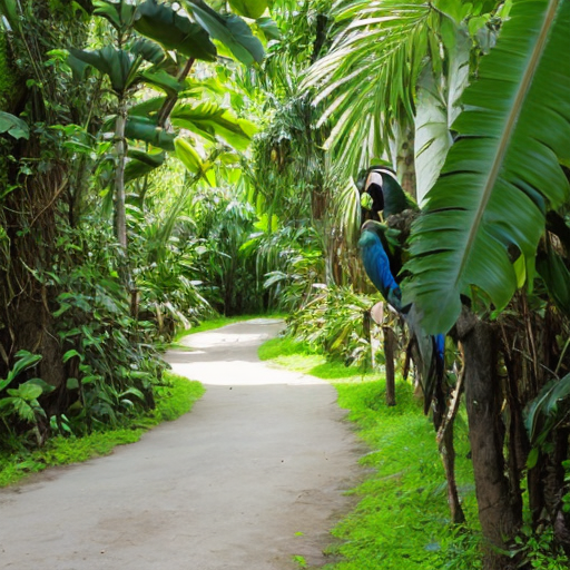 “Macaws, monkeys, lush plants surrounding 
on a forest path.”