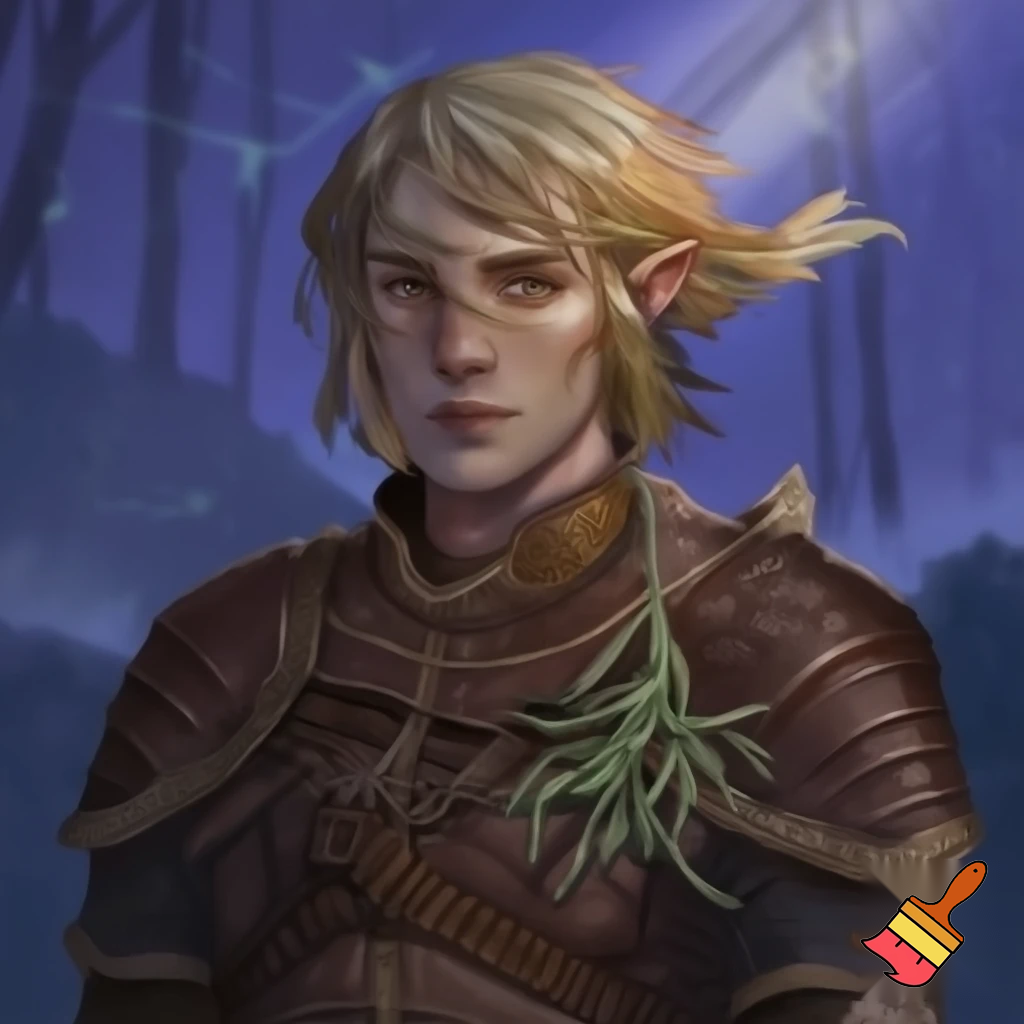 younger male wood elf sage circle of the stars druid pale skin blond hair hazel eyes leather armor with a sprig of mistletoe as a necklace