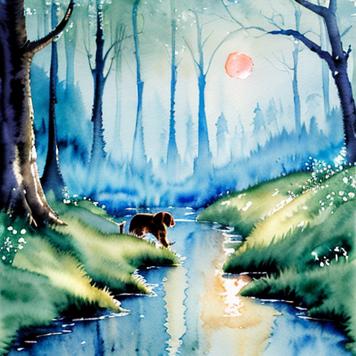 Kouzelná večerní scéna, lesní mýtina v noci, z potoka vychází jasná modrá záře  ze svítícího safíru. V potoce je svítící modrý safír.  Malé hnědé štěně stojí na okraji louky,  sleduje světlo. Magická atmosféra. Pohádkový akvarel.