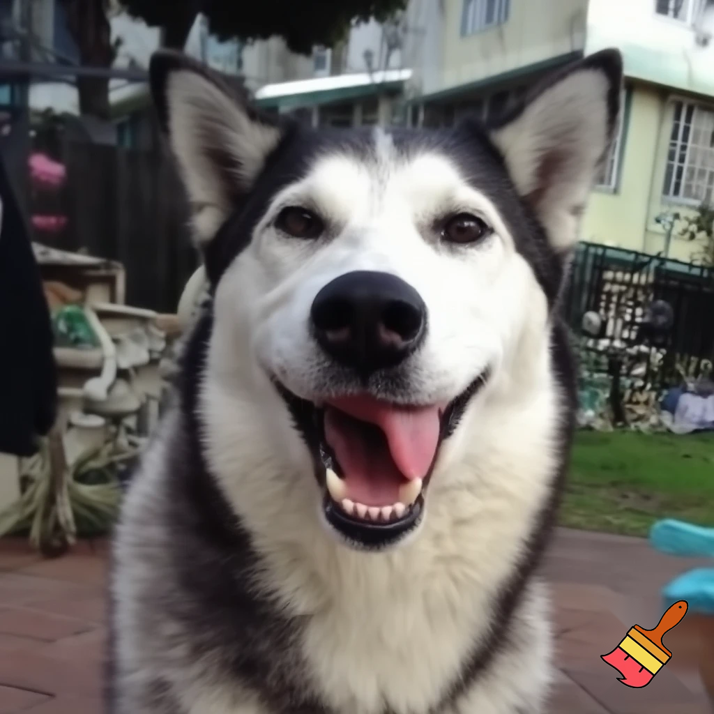 A husky dog smiling like a human with human teeth