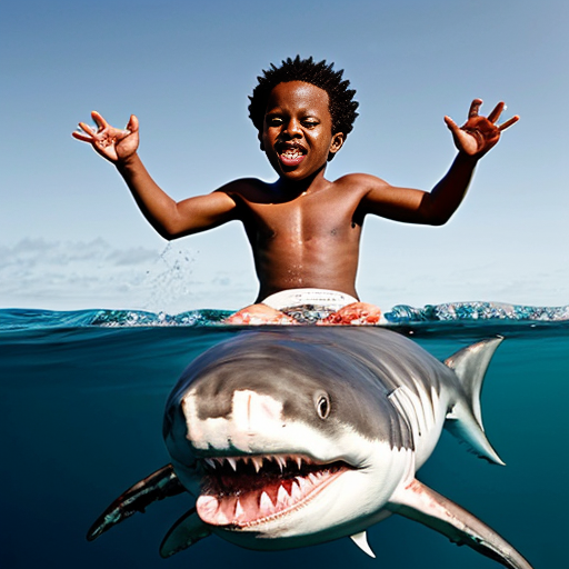 African American kid riding a shrimp dunking on a shark in the ocean with t-rex with kazer eyes in the back