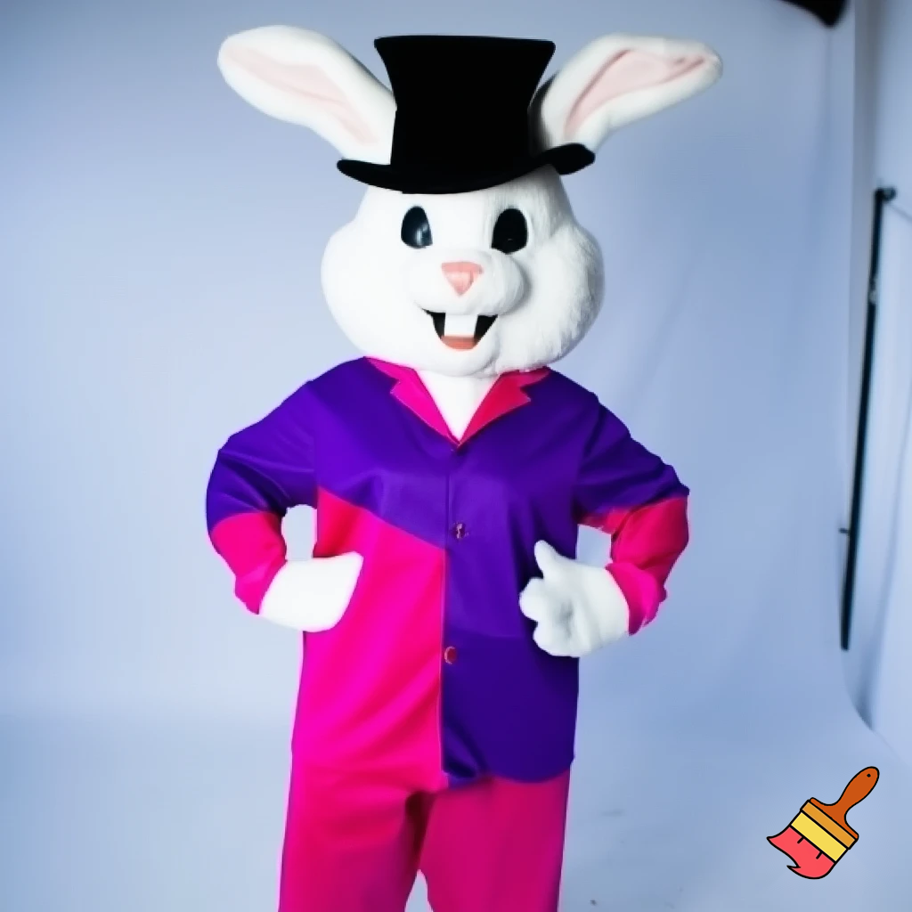 Easter bunny mascot costume top hat a colour face jacket purple and pink