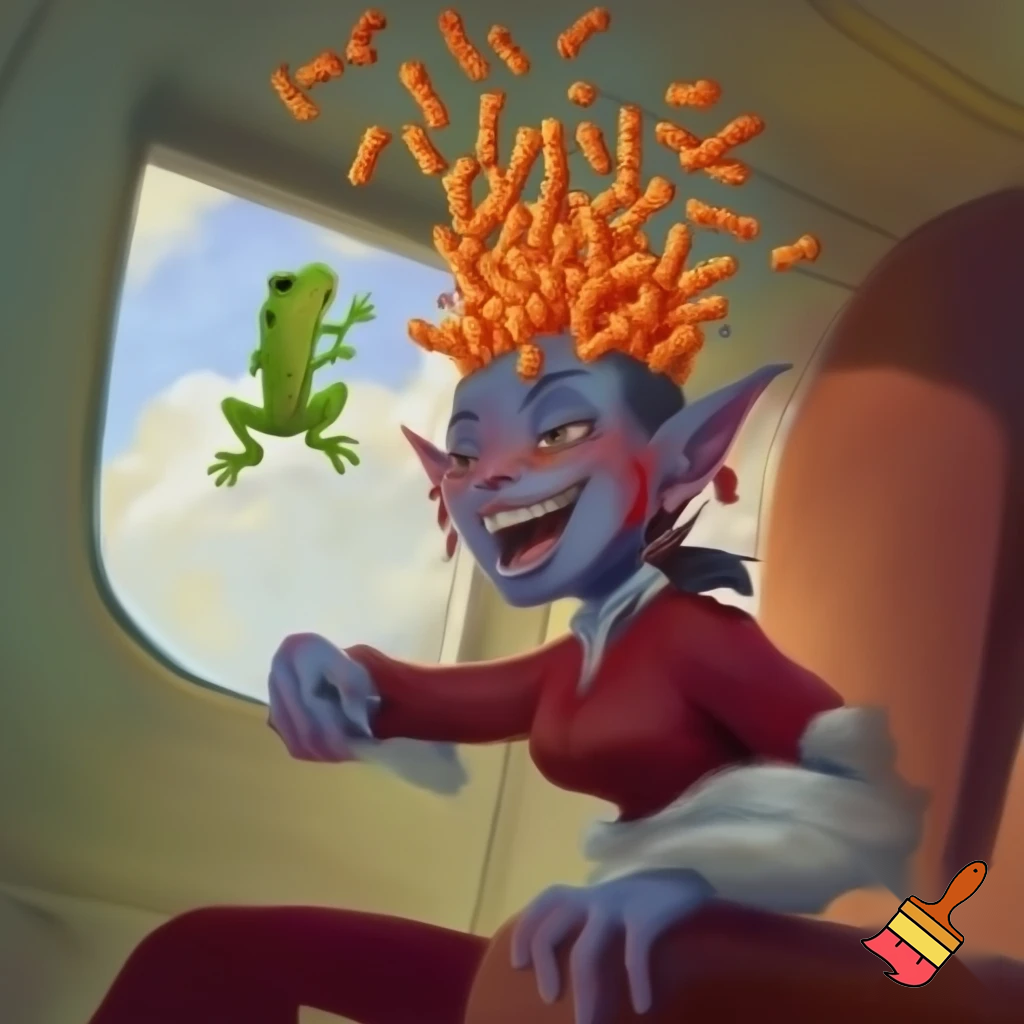 a inpoyle in  a plane is happy of a on her head she put hot cheetos on her head  when the girl done with her flit  the frog hit her head the frog go away