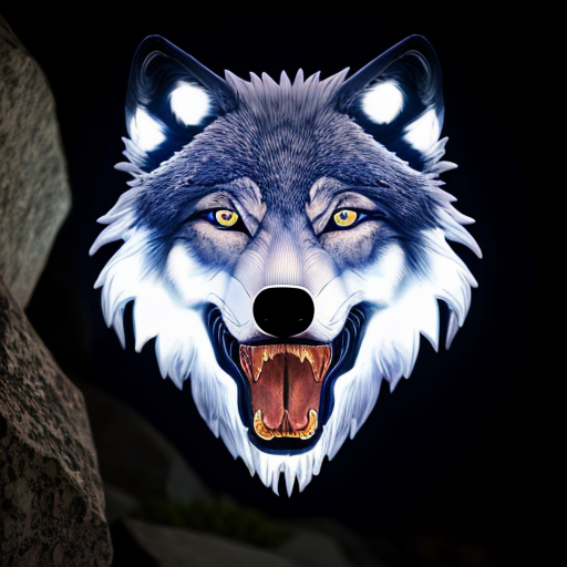create an image of a blue wolf with glowing fur, glowing red eyes ,gleaming fangs and a crocidile face . It is on a rocky cliff